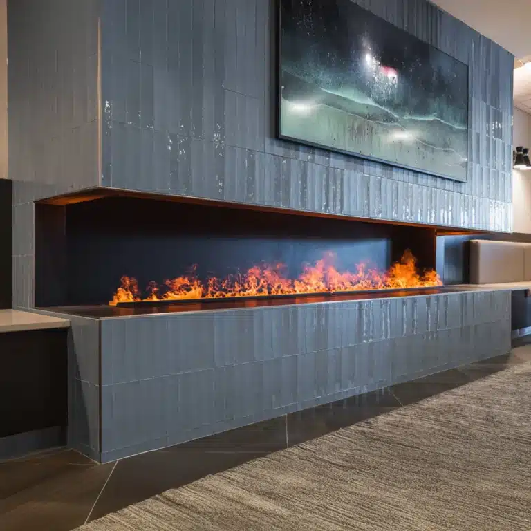A modern linear fireplace with orange flames set in a sleek, tiled wall beneath a large framed artwork.