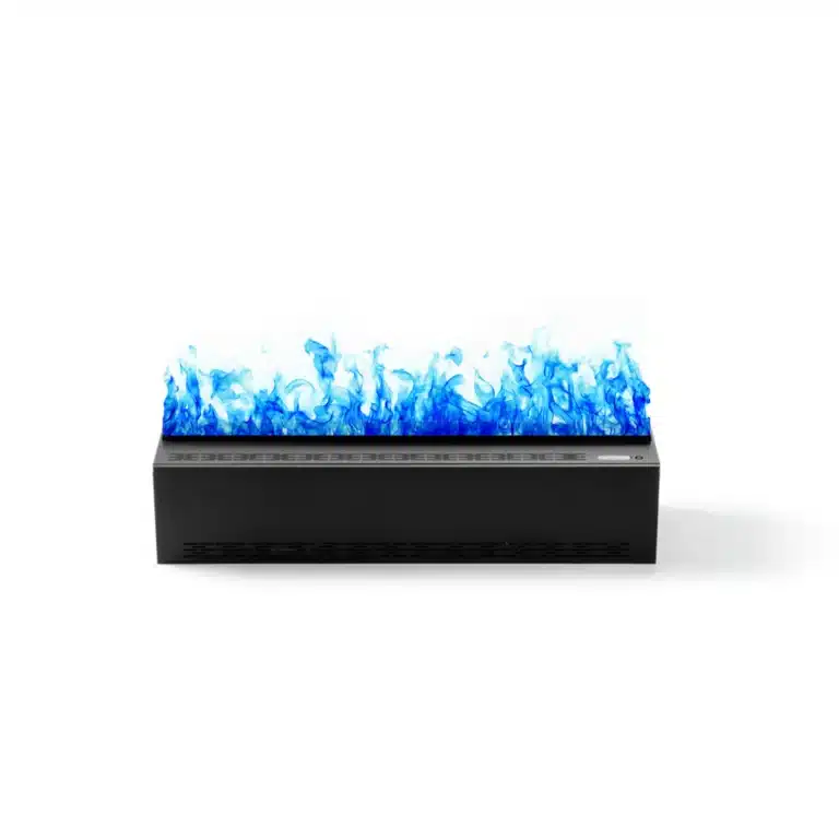 A rectangular black device emits a row of bright blue flames from the top against a white background.
