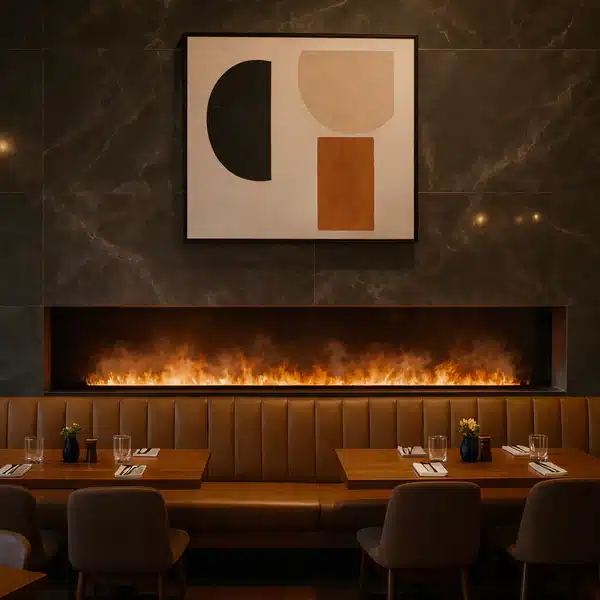 Modern restaurant interior with brown leather seating, wooden tables set for dining, a long built-in fireplace, dark marble walls, and abstract artwork above the fireplace.