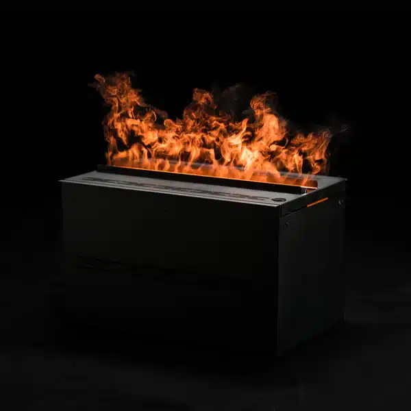 A rectangular black fire pit with bright orange flames rising from the top, set against a dark background.