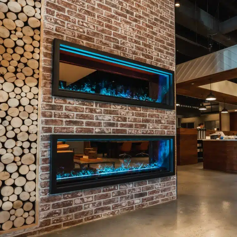 A modern interior with a brick wall featuring two horizontal electric fireplaces, stacked firewood, and visible office furnishings in the background.