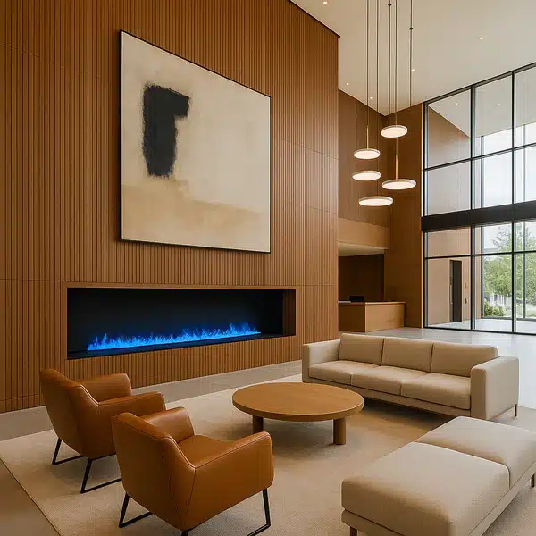 Modern lobby with wood panel walls, minimalist furniture, a linear blue-lit fireplace, large abstract artwork, and tall windows letting in natural light.