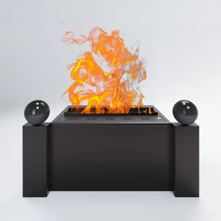 A black, modern rectangular fire pit with two round black spheres on opposite corners and orange flames rising from the center.