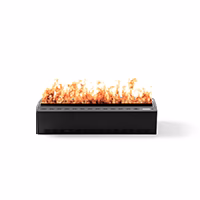 A rectangular black tabletop fire pit with orange flames rising from the top against a white background.