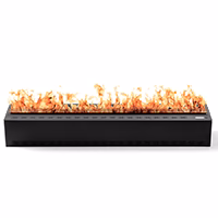 Rectangular black tabletop fire pit with visible orange flames rising from the top.