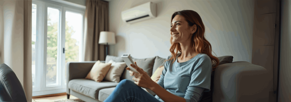 A woman sits on a couch in a living room, smiling while holding a remote. A heat pump unit is visible in the background.