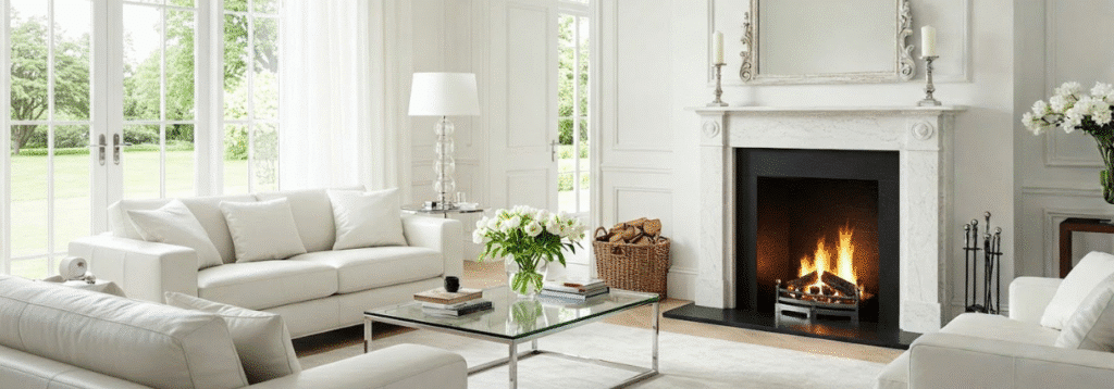 Bright living room with white sofas, glass coffee table, fireplace with a lit fire, basket of firewood, and large windows overlooking a garden.