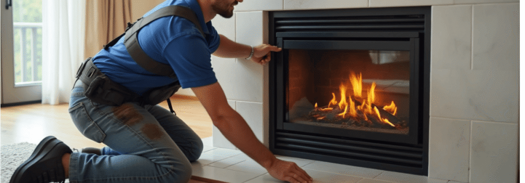 A person in work clothes kneels in front of a modern gas fireplace, adjusting the glass door while the fire burns inside.