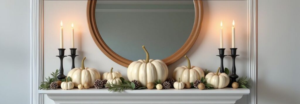 A mantel decorated with white pumpkins, pinecones, greenery, and lit candles in black holders, with a round wooden-framed mirror above.