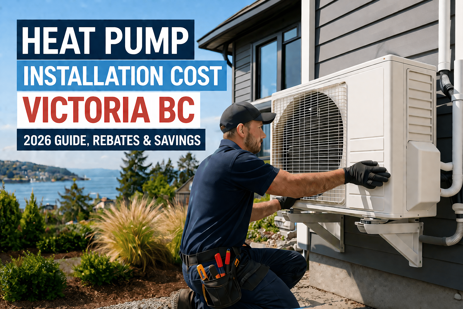 A technician installs a heat pump unit on the exterior wall of a house overlooking the bay, with text highlighting Heat Pump Installation Cost Victoria BC.