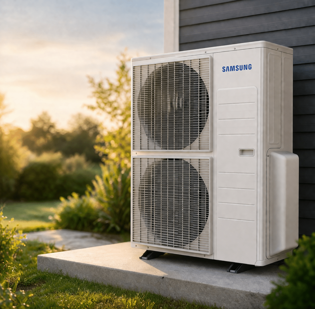 Outdoor Samsung air conditioning unit with dual fans installed on a concrete pad next to a house, surrounded by grass and landscaping—ideal for those considering Heat Pump Installation Cost in Victoria BC.