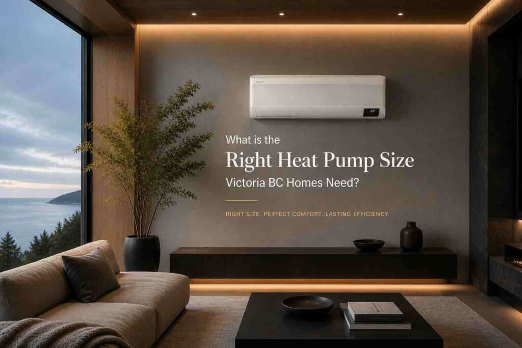 Modern living room with wall-mounted heat pump, large windows overlooking water and trees, and text about selecting the ideal heat pump size Victoria BC homeowners need for comfort and efficiency.